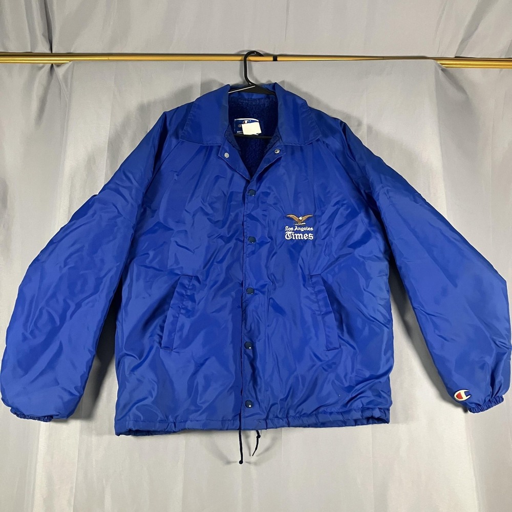 Vintage Champion Jacket Mens Large Blue Los Angeles Times Snap Fleece Lined